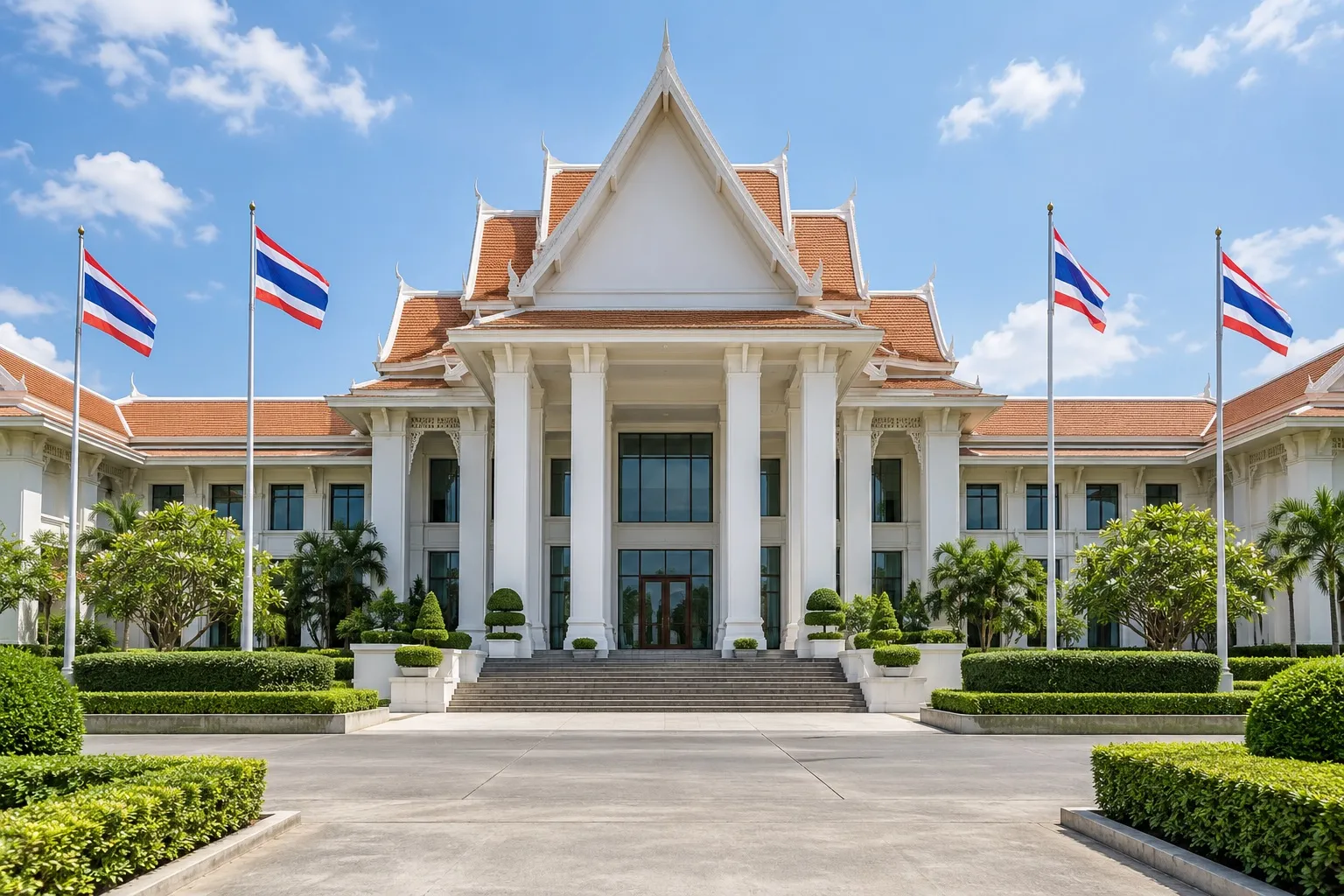 A white Thai government building with a tiered roof and Thai flags