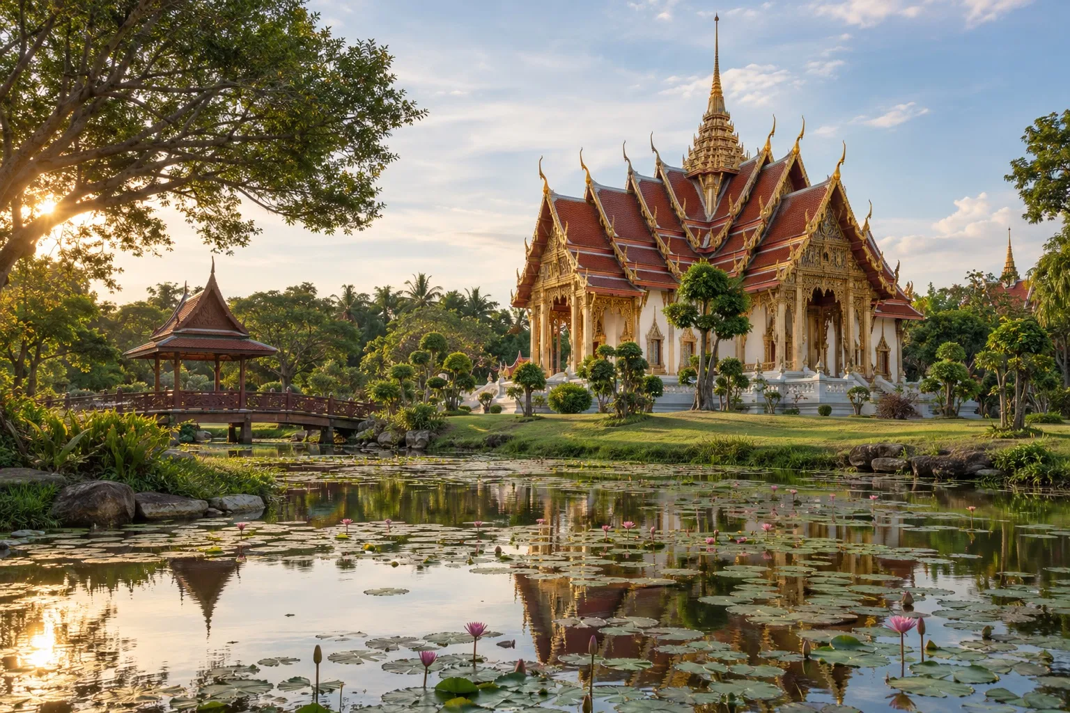 A traditional Thai pavilion with tiered red and gold roofs beside a lotus pond at the Ancient City park near Bangkok