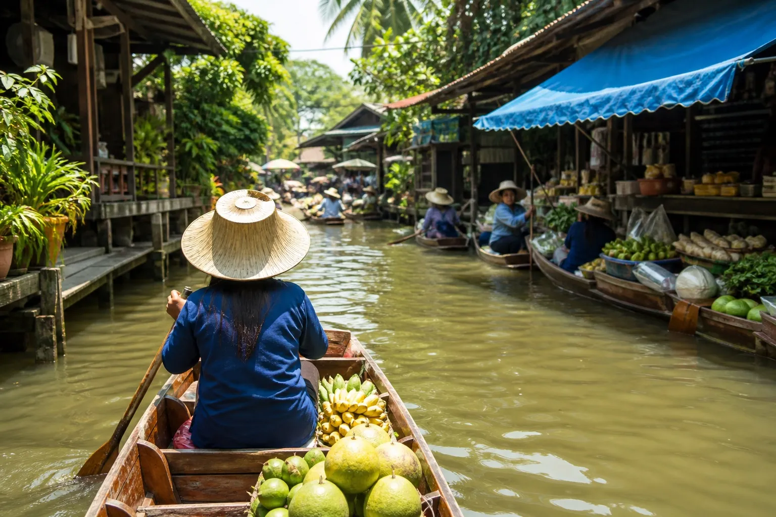 Wooden boat moving through a Thai canal market