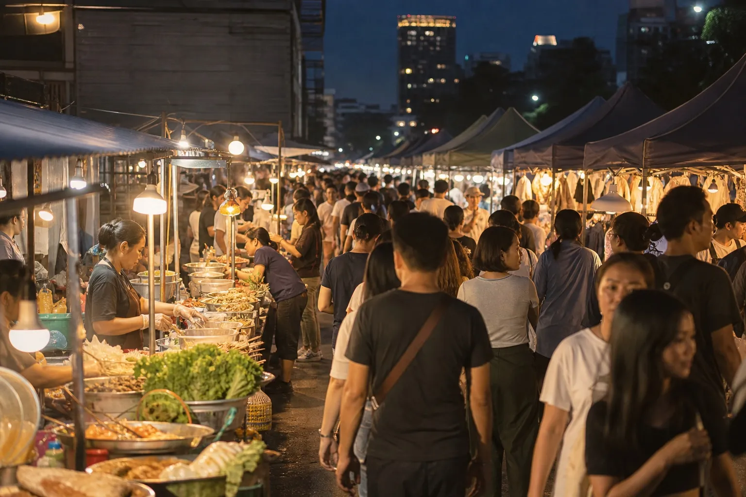 Busy Bangkok night market with food stalls and shoppers