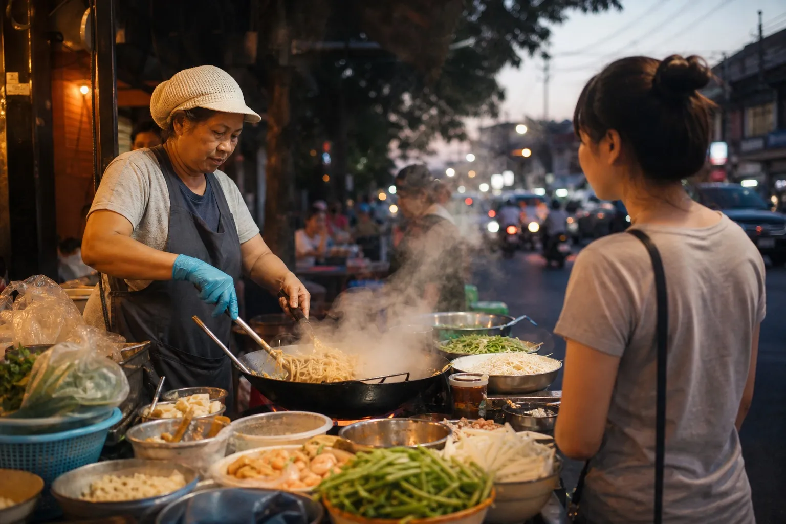 Thai street food stall with a vendor cooking noodles
