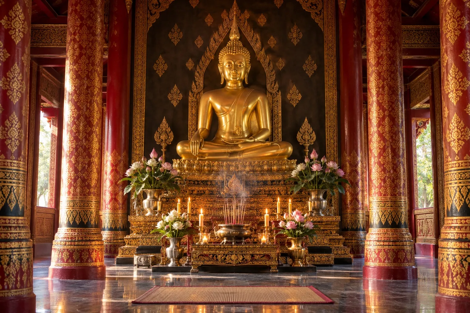 A golden seated Buddha image on an ornate temple altar with lotus offerings, candles and incense