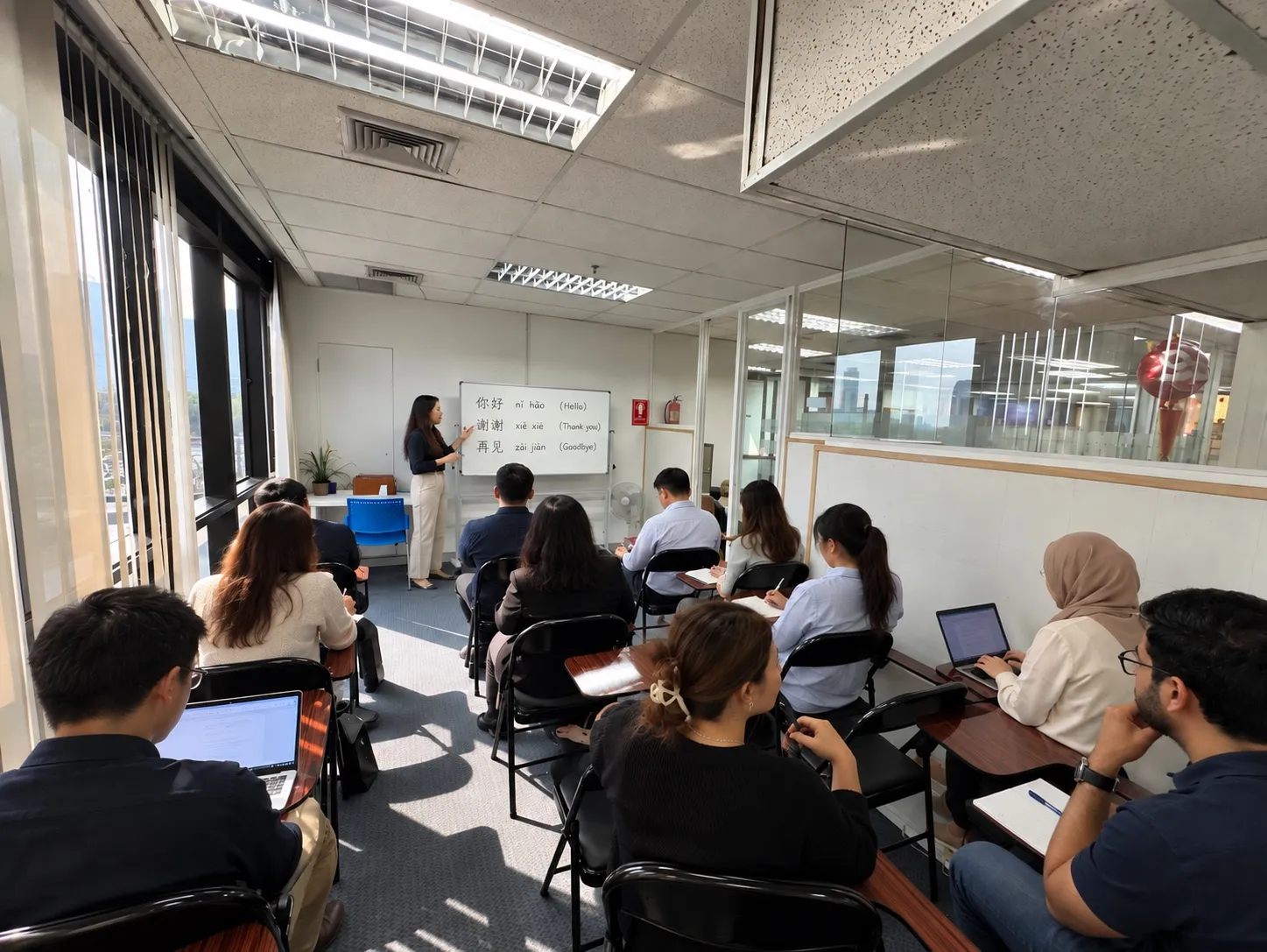 A Chinese class at the school: the teacher stands at a whiteboard showing 你好, 谢谢 and 再见 with pinyin