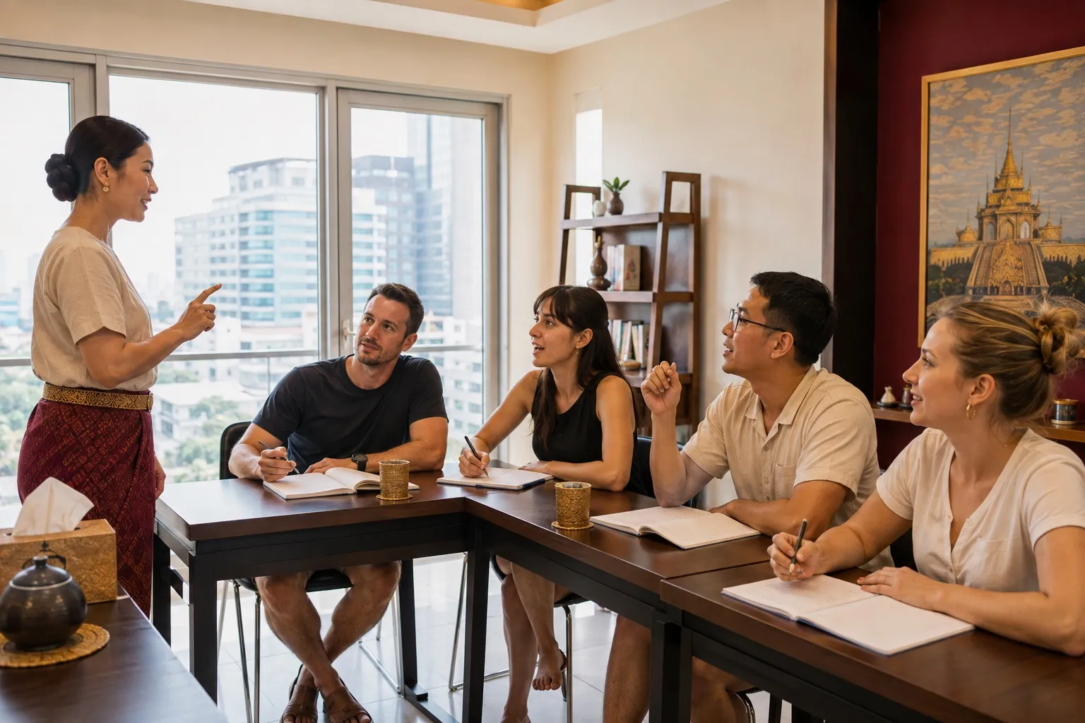 Adult learners practising Thai vocabulary with a teacher in a Bangkok classroom