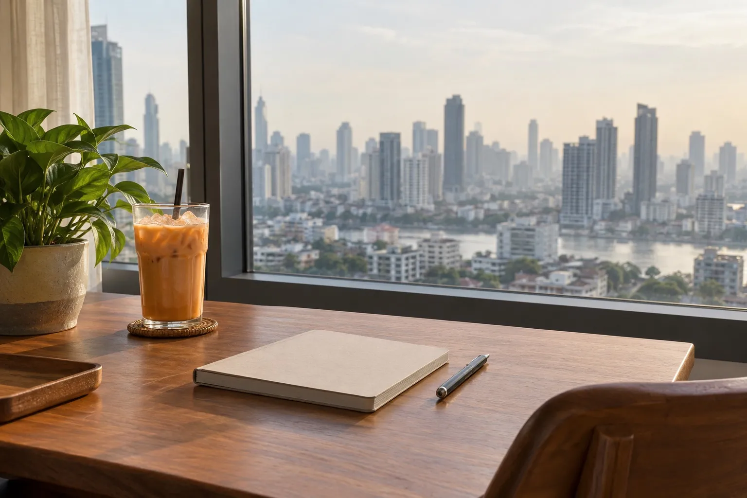 A study desk with a notebook and iced Thai tea by a window overlooking the Bangkok skyline