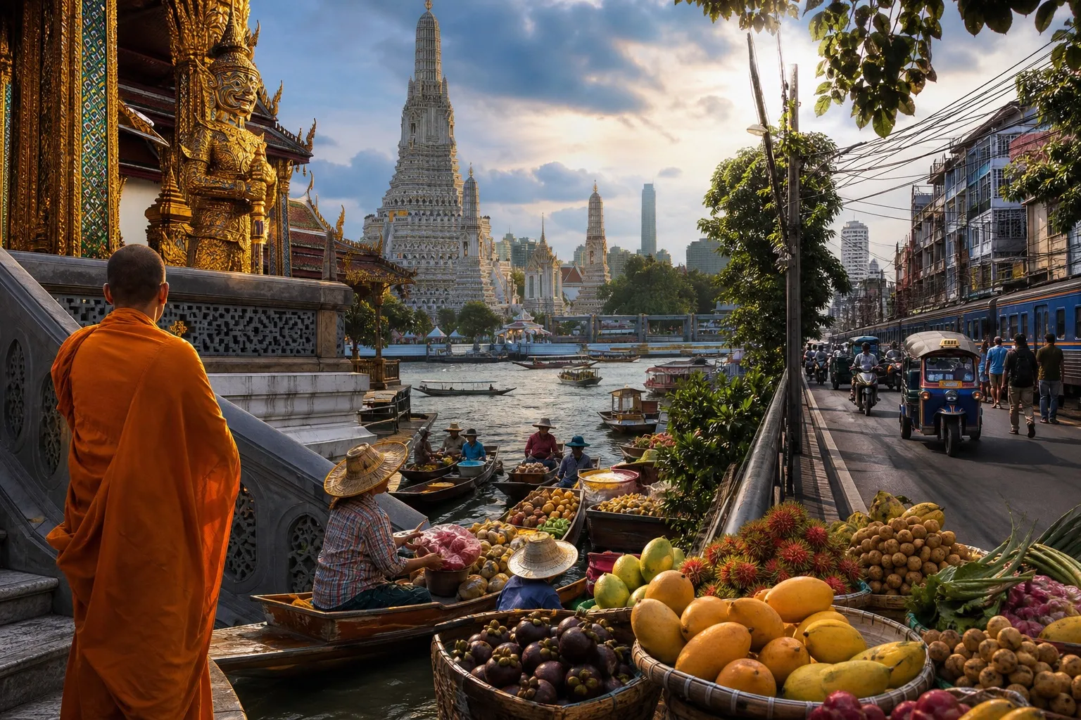 Thailand temple, river, fruit and daily life in one editorial scene