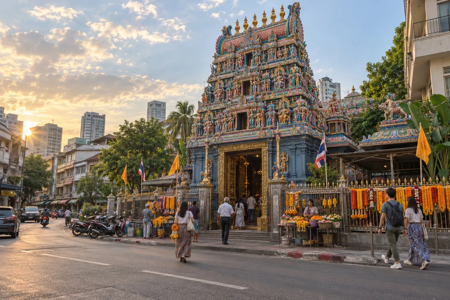 Colourful South Indian style Hindu temple tower on a Bangkok street, with marigold garland stalls along its railing