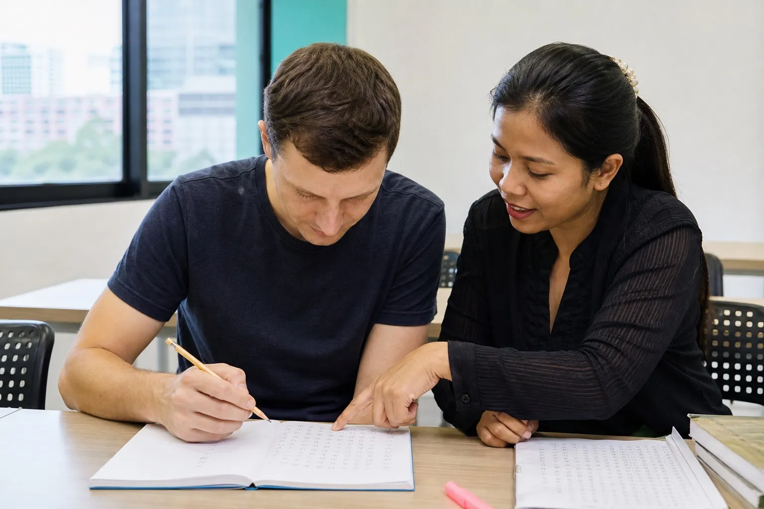 Foreign learner studying Thai script in a Bangkok classroom