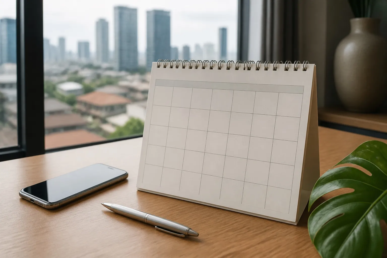 Blank calendar and study desk overlooking Bangkok