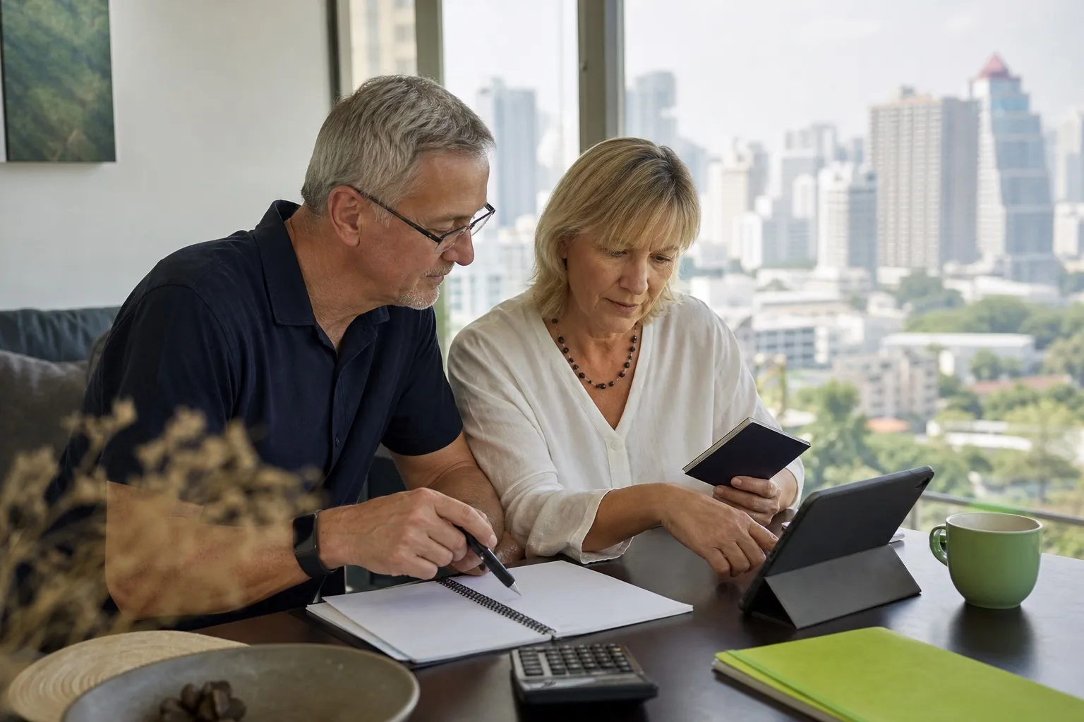 A retired couple comparing Thailand visa requirements in their Bangkok home