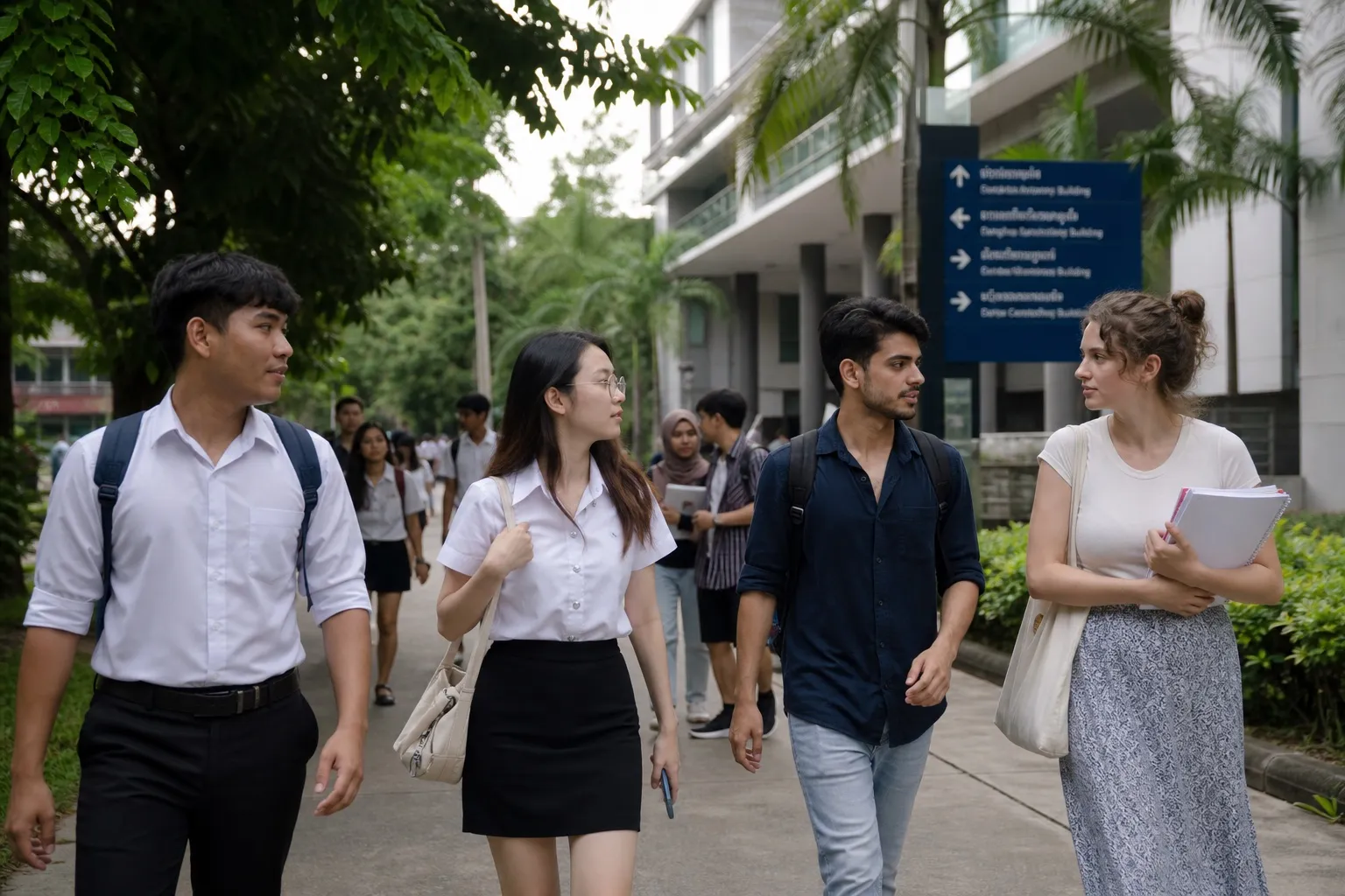 International and Thai students walking together on a tropical university campus in Bangkok