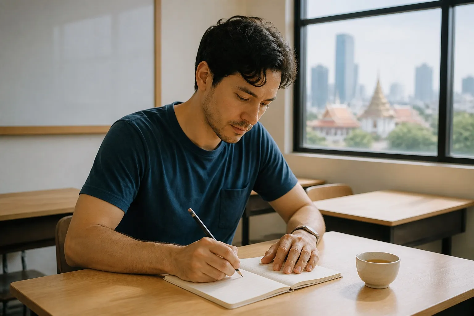 Adult learner practising Thai writing in a Bangkok classroom