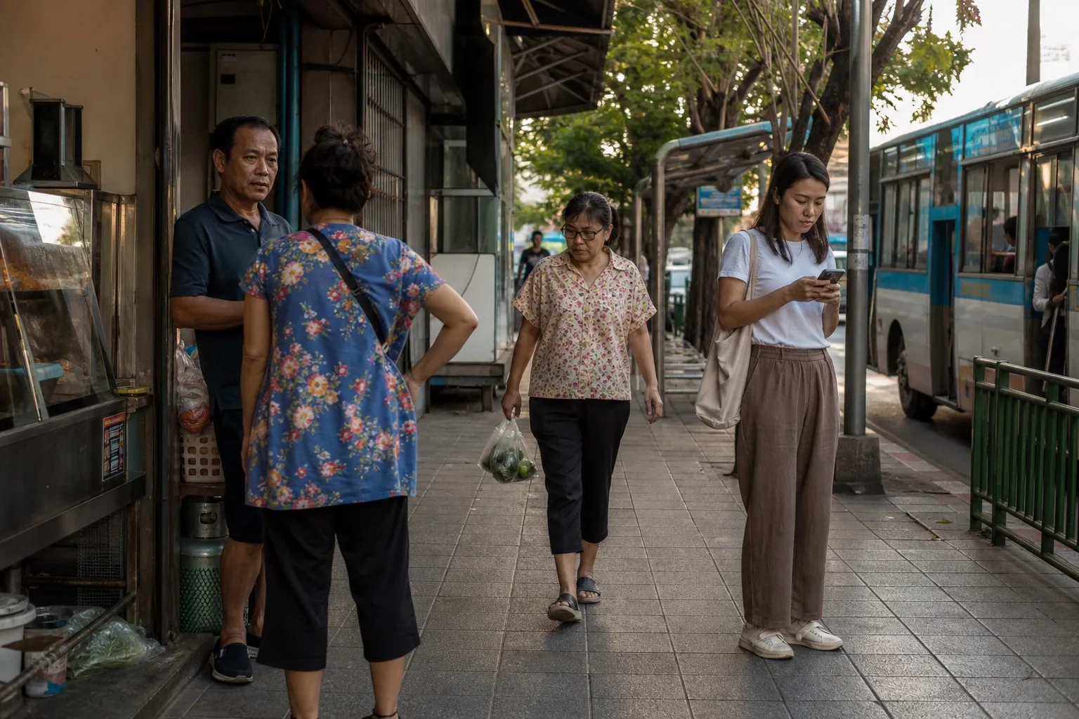 Thai people going about everyday life on a Bangkok neighborhood street