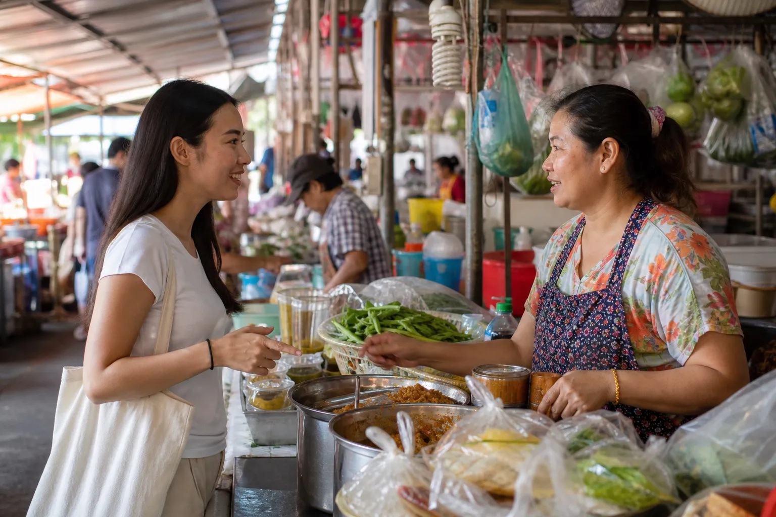 Learner practising Thai phrases with a conversation partner