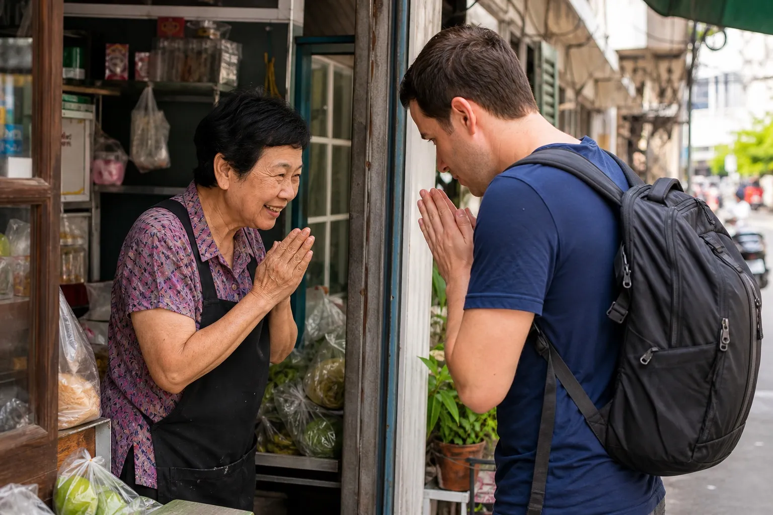 Thai shopkeeper greeting a foreign visitor in a Bangkok neighborhood