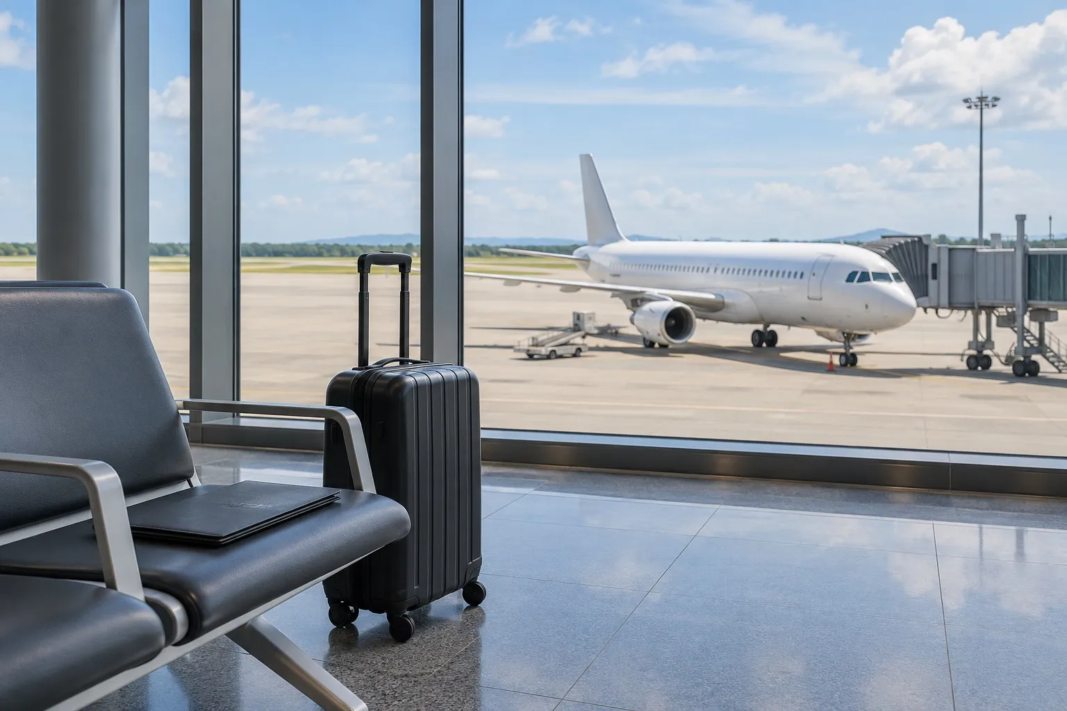A carry-on suitcase and a document folder in an airport terminal with a plane parked outside