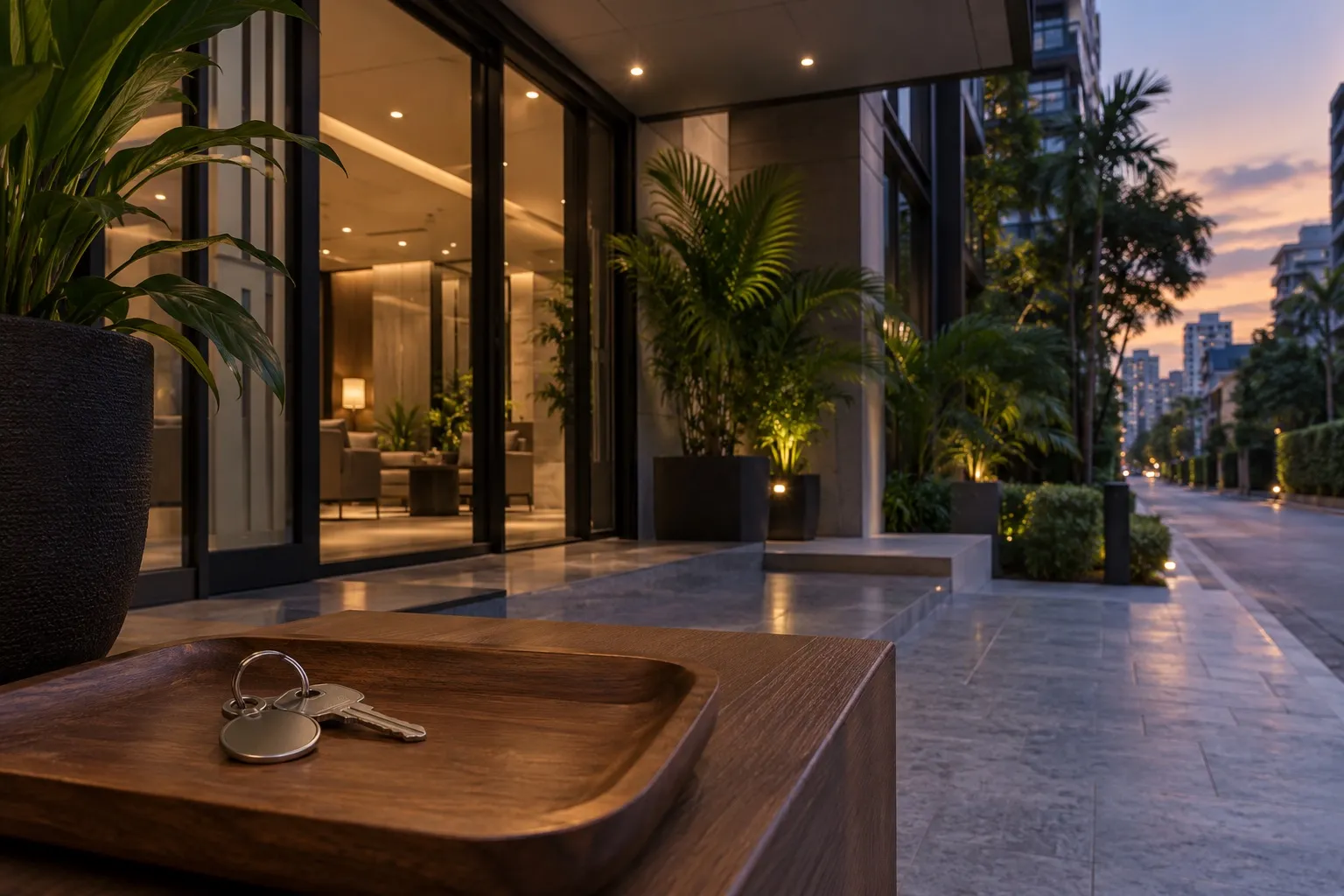Keys on a wooden tray at the entrance of a Bangkok condominium at dusk