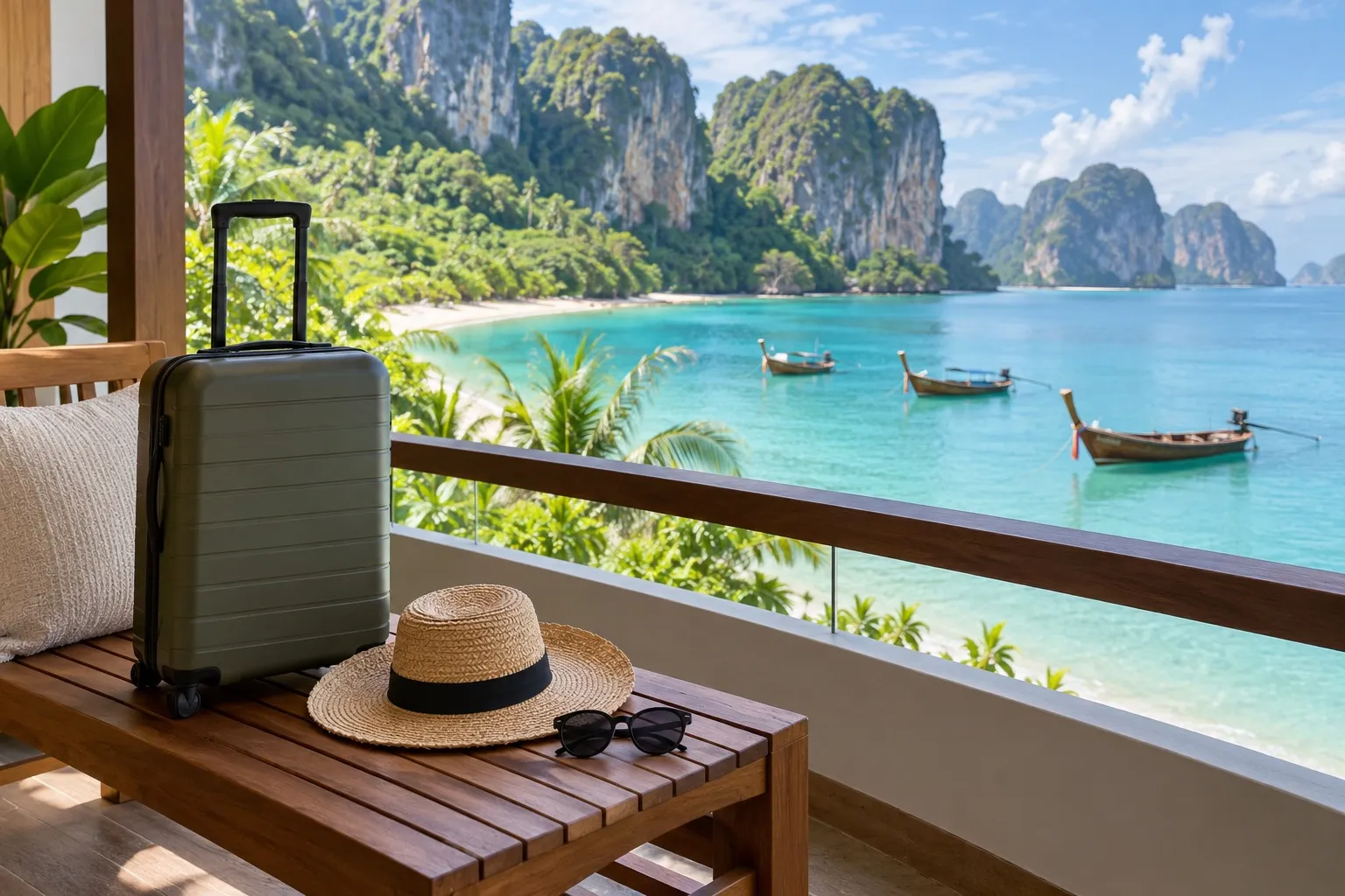 A suitcase and straw hat on a hotel balcony above a turquoise bay with limestone cliffs and longtail boats
