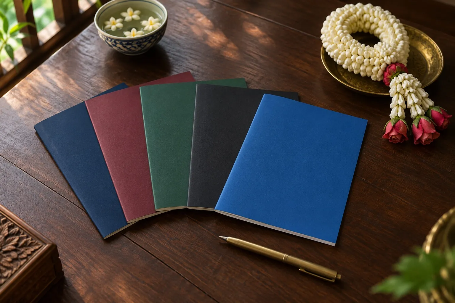 5 plain booklets in different colours fanned out on a teak table beside a jasmine garland