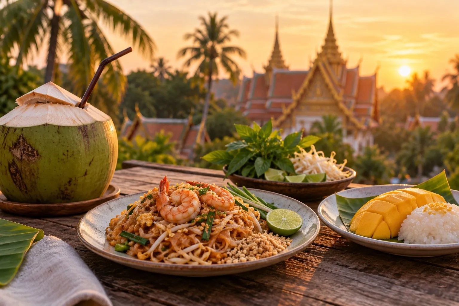 Pad thai, mango sticky rice and a fresh coconut on a table with a Thai temple roof behind at sunset