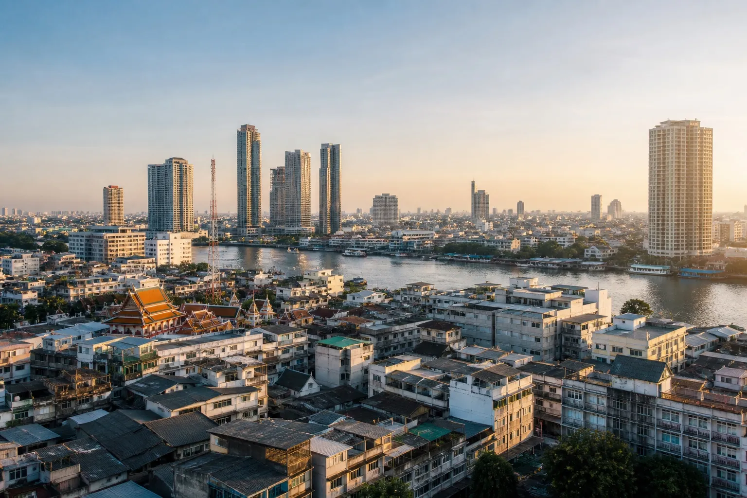 Bangkok skyline and river at sunrise