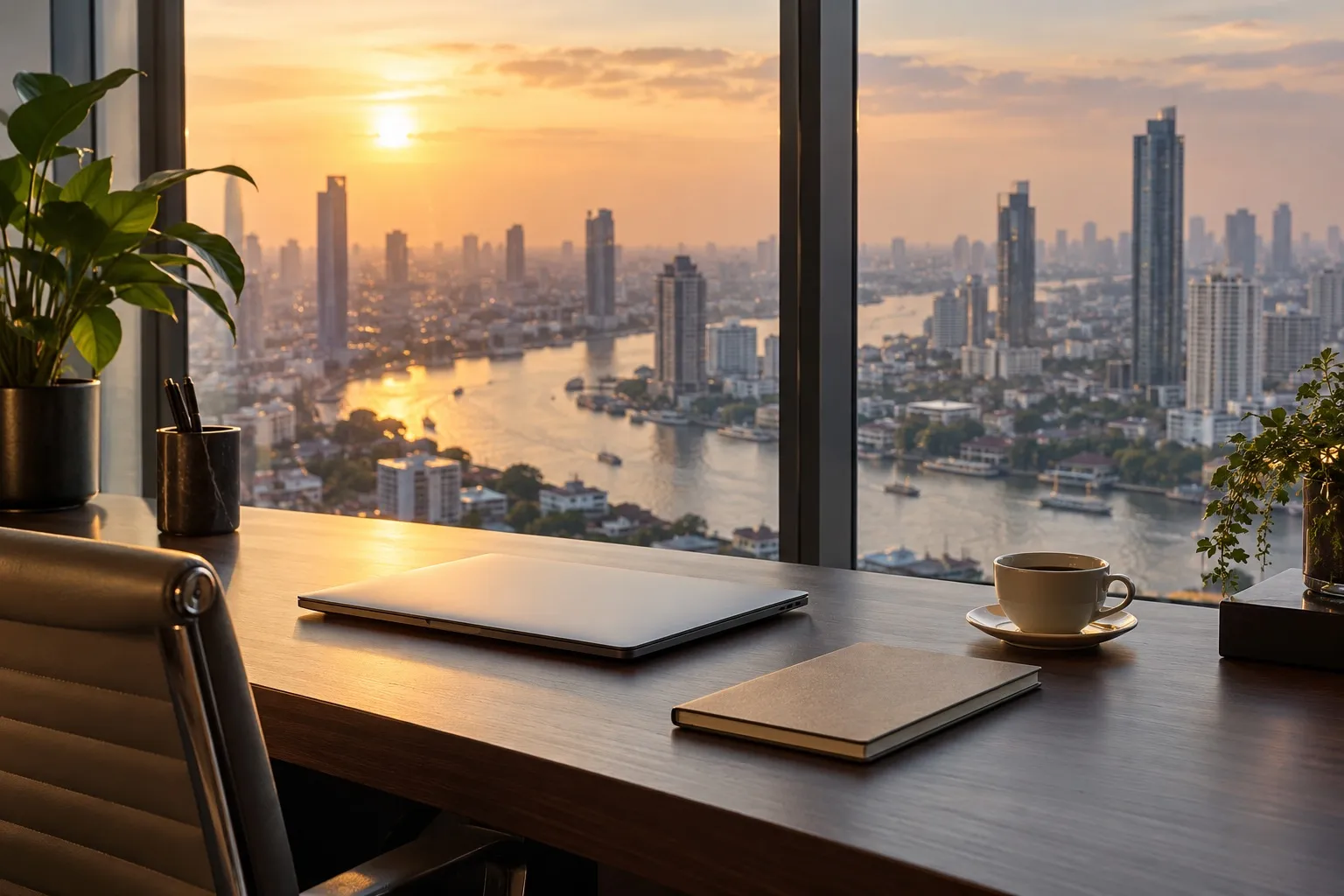 A desk with a closed laptop and coffee overlooking the Chao Phraya river and the Bangkok skyline