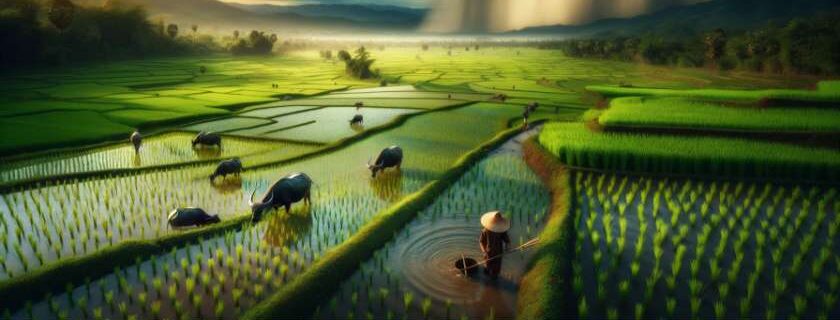 the lush, green landscapes and the onset of the rainy season, highlighting the beauty and tranquility of rural Thailand during the month of June