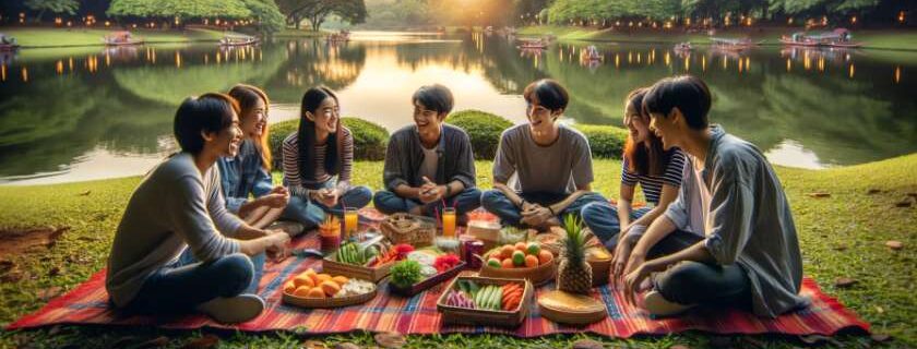 a person enjoying Thailand with local friends set in a scenic park, capturing the essence of international friendship and cultural exchange